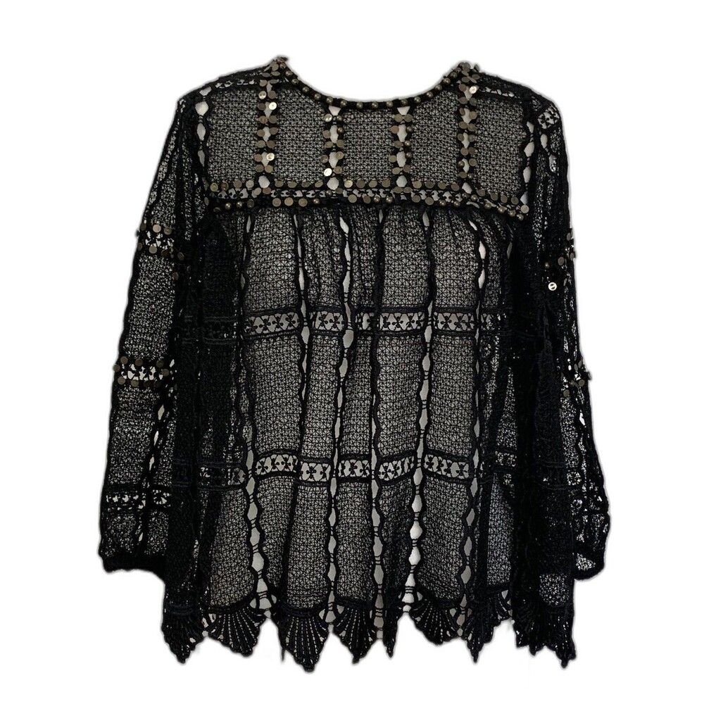 Anthropologie Maeve Top Women Size S Black Lace Overlay Sheer Peasant Blouse